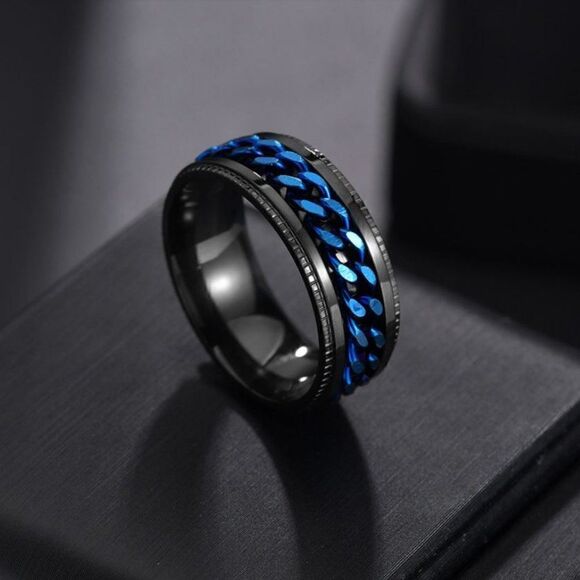 Men's Blue Chain Spinner Promise Ring - Guy's Fidget Ring - Anxiety Ring For Men - Picture 7 of 9